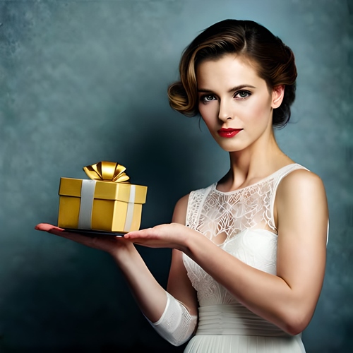 Une femme présentant un cadeau doré dans sa main